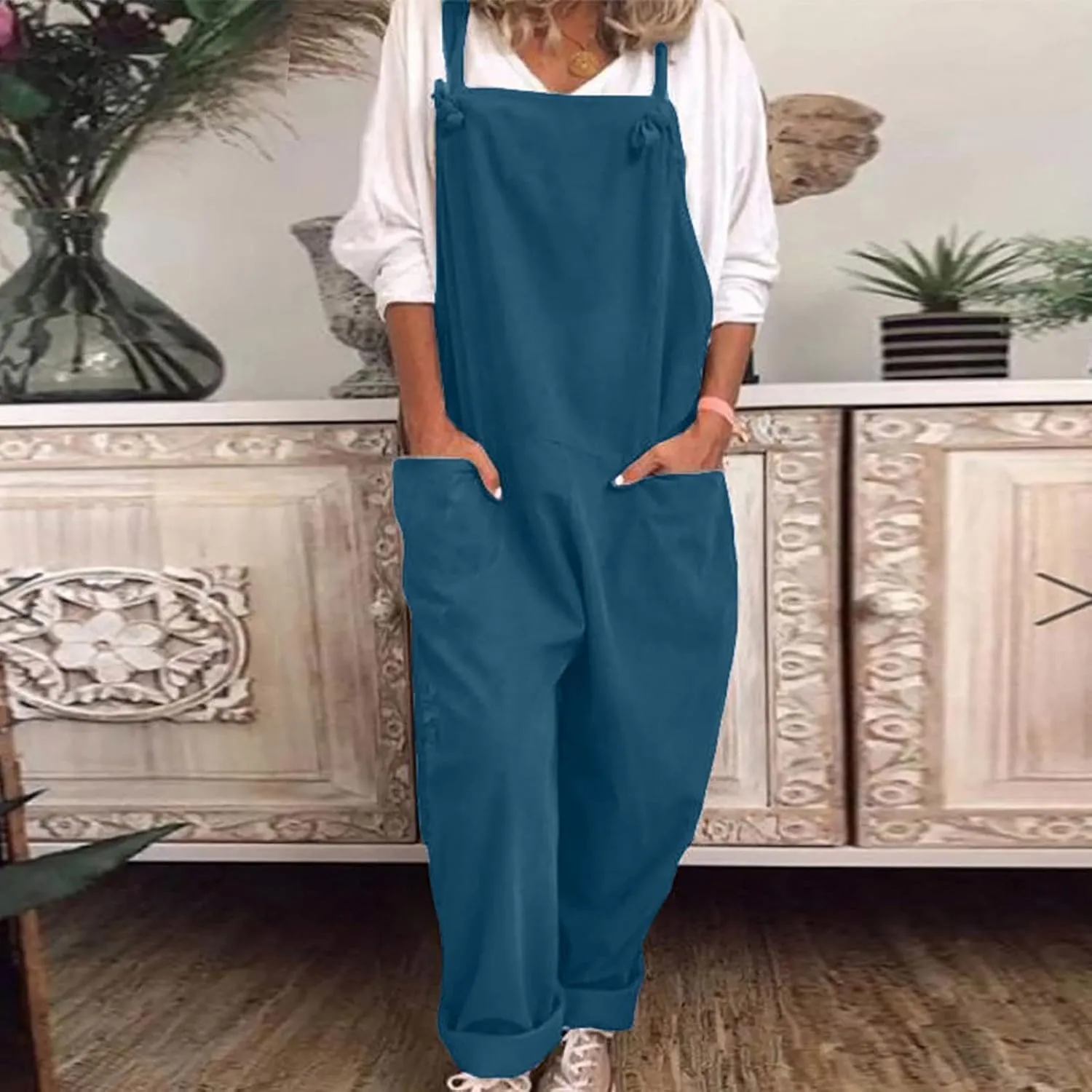 Ceboyel Womens Cotton Linen Jumpsuits Rompers Spaghetti Straps Casual Harem Long Bib Pants Summer Baggy Overalls With Pockets