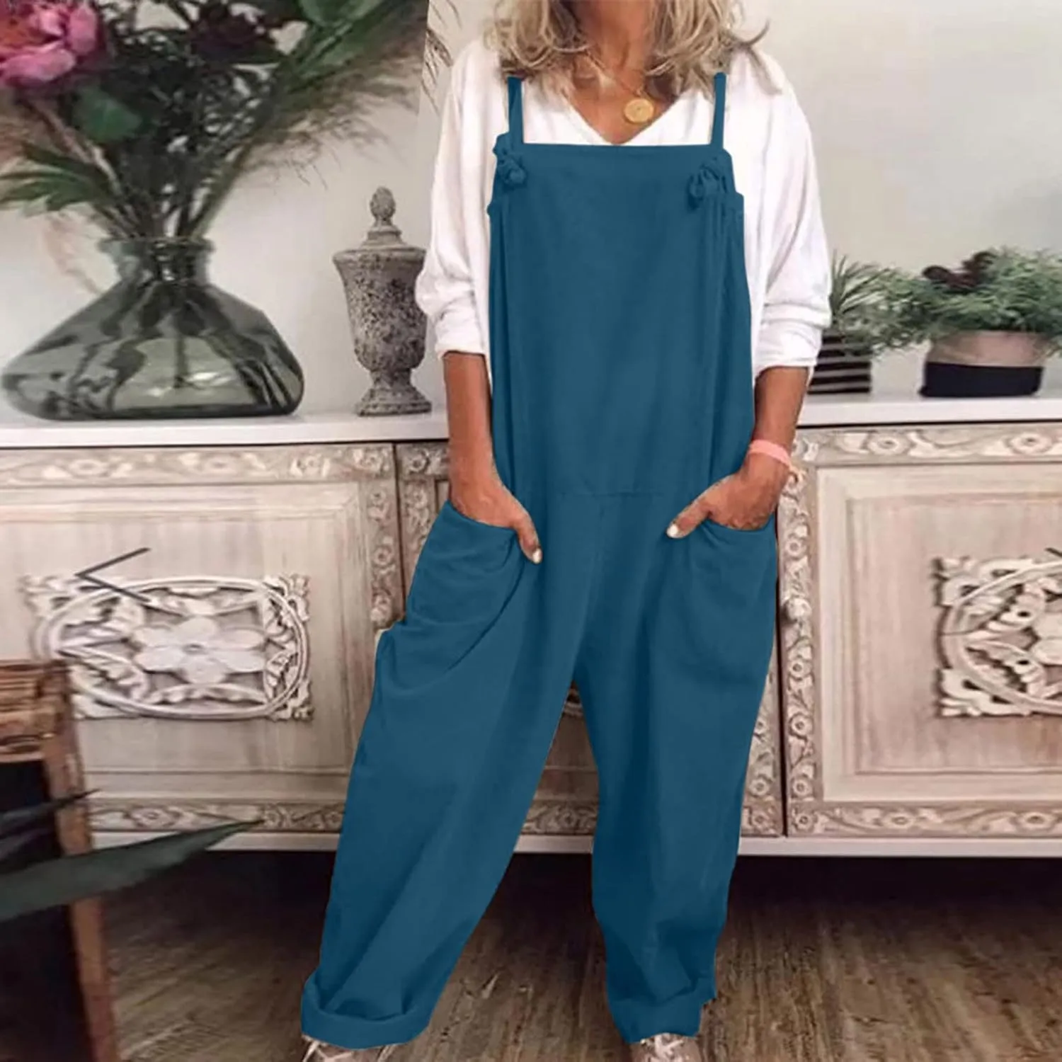 Ceboyel Womens Cotton Linen Jumpsuits Rompers Spaghetti Straps Casual Harem Long Bib Pants Summer Baggy Overalls With Pockets
