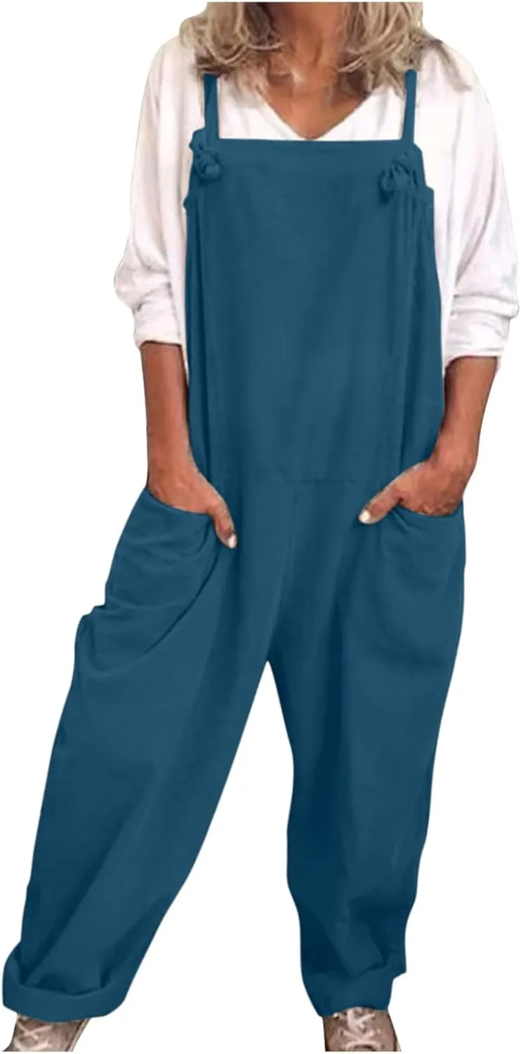 Ceboyel Womens Cotton Linen Jumpsuits Rompers Spaghetti Straps Casual Harem Long Bib Pants Summer Baggy Overalls With Pockets