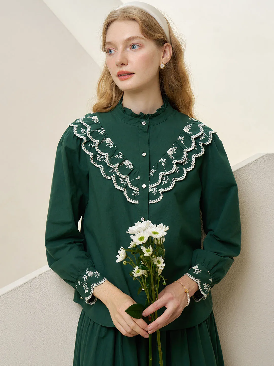 Celia Vintage Embroidered Lace Contrast Panel Cotton Blouse Anti Pill Finish Lightweight insulation