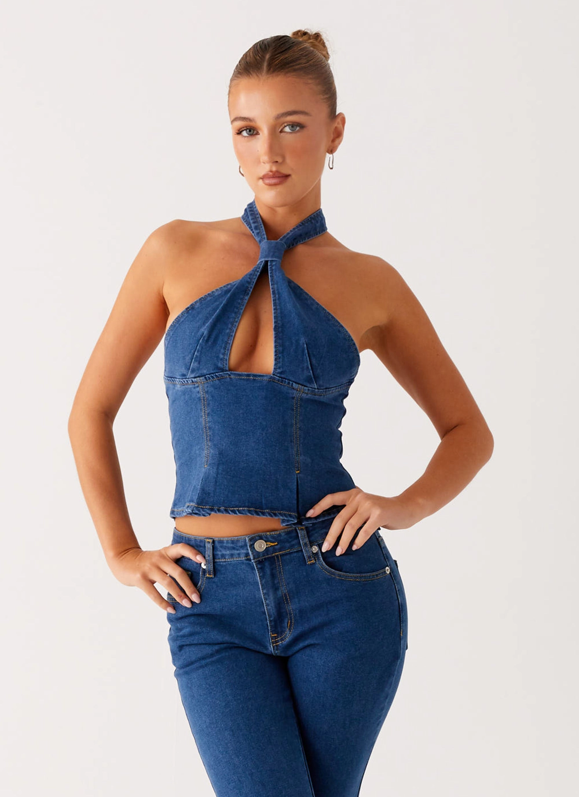 HeatSealed Seams Saylor Halter Denim Top - Indigo