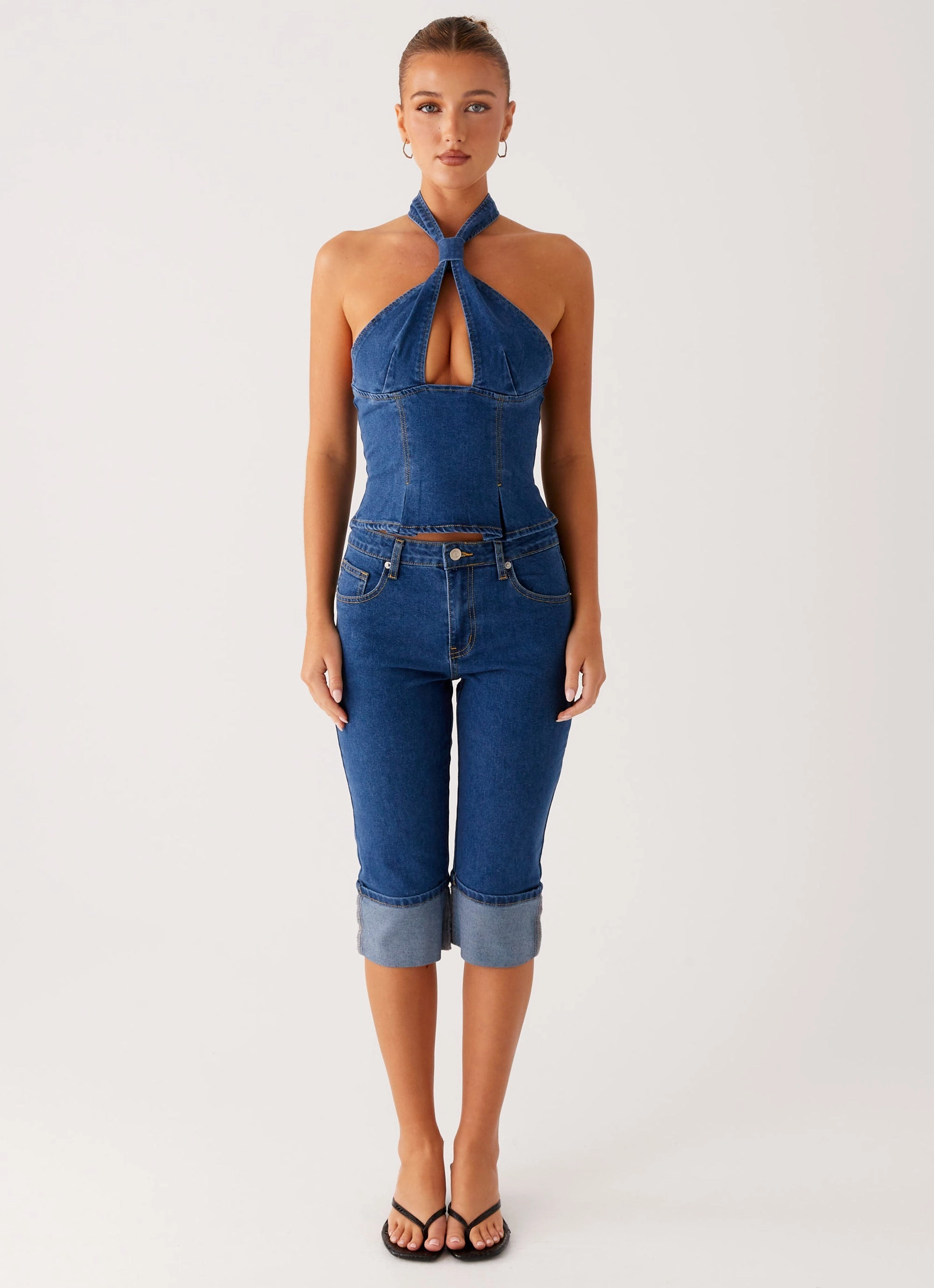 Saylor Halter Denim Top - Indigo HygienicCoating StretchableKnit