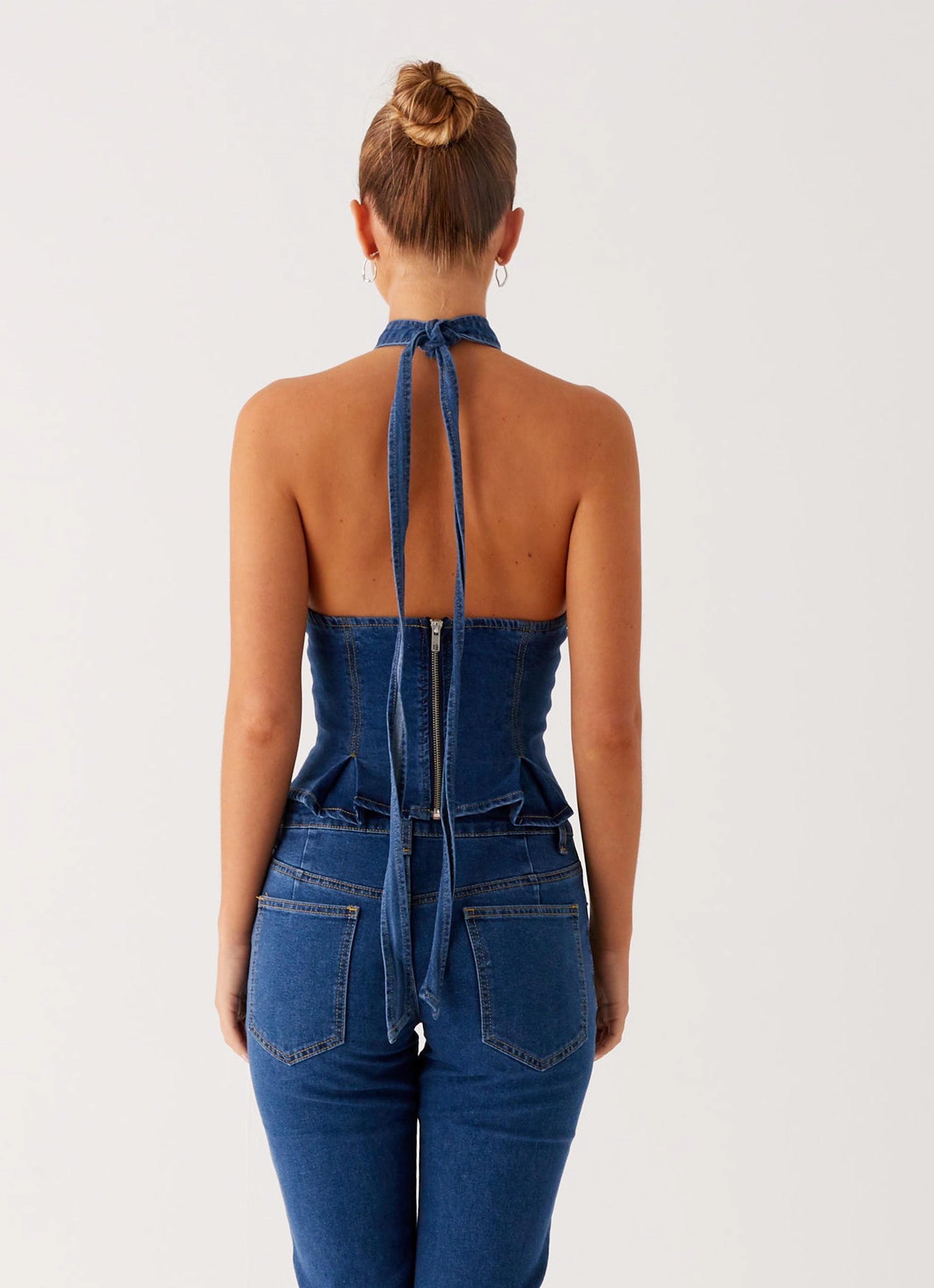 FlexibleKnit AntiPilling Finish Saylor Halter Denim Top - Indigo