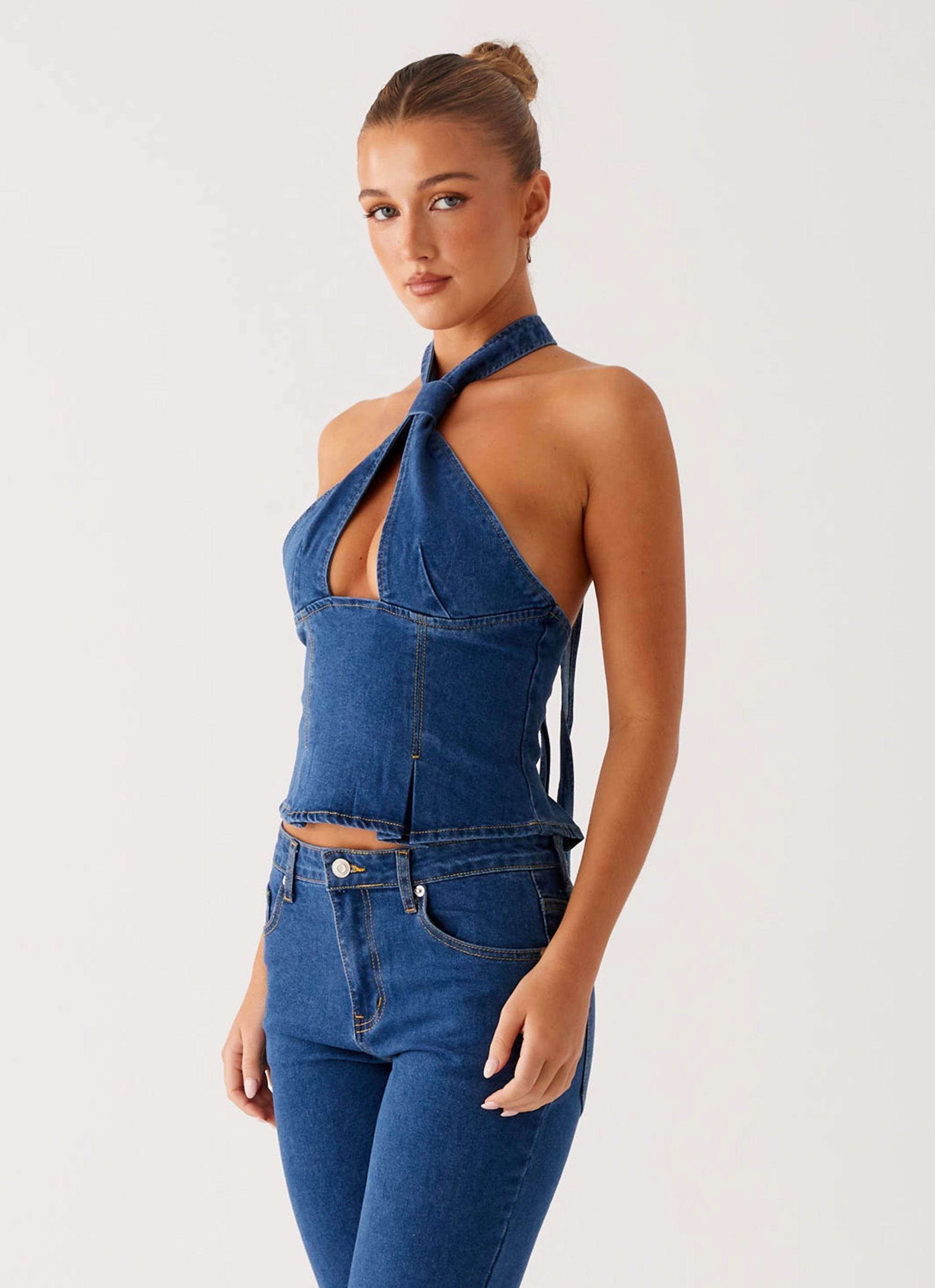 Yarn Dyed Stripes Tagless Neckline Design Saylor Halter Denim Top - Indigo