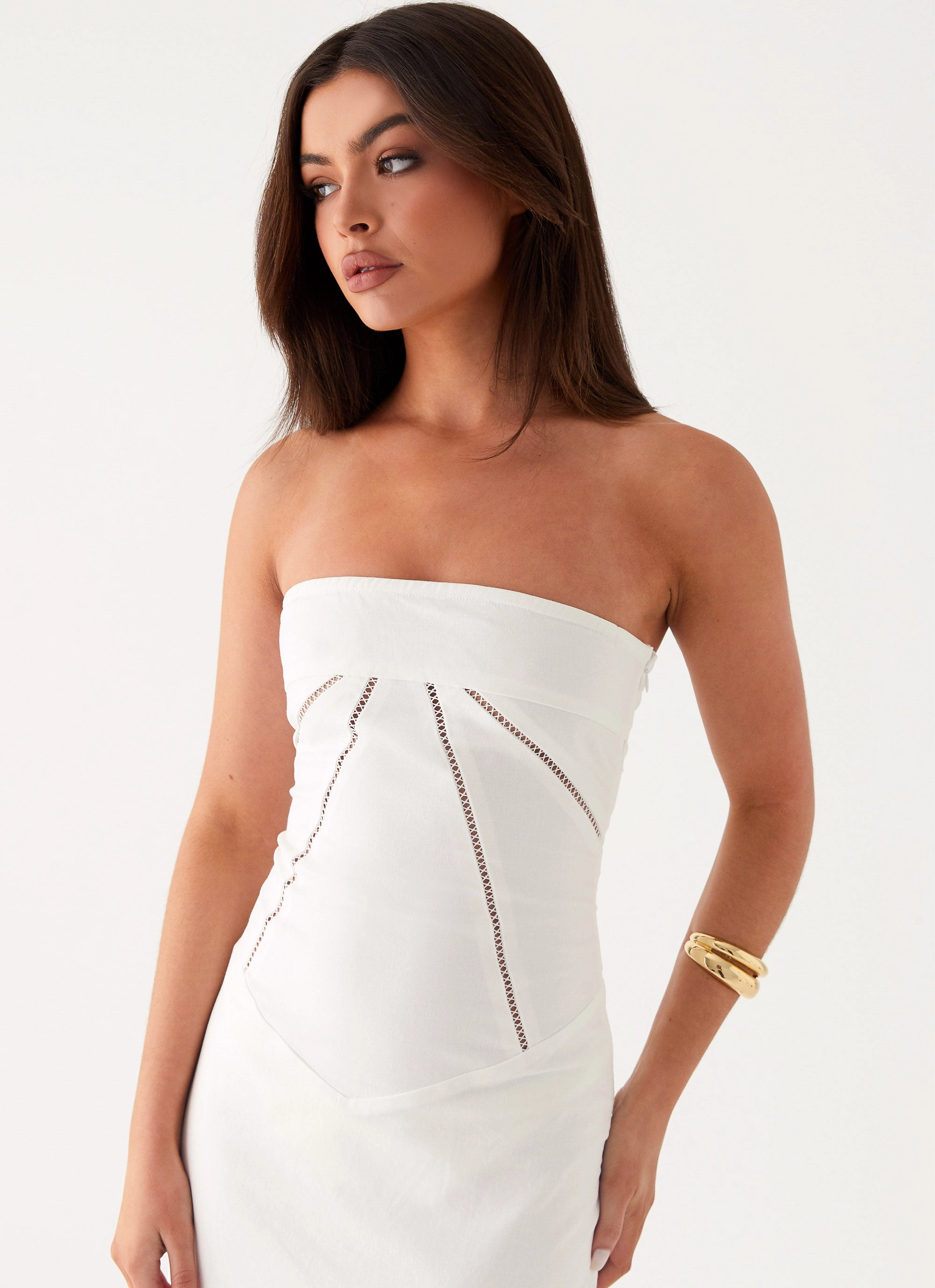 Cerisa Linen Maxi Dress - White Wedding guest Lace-Edge