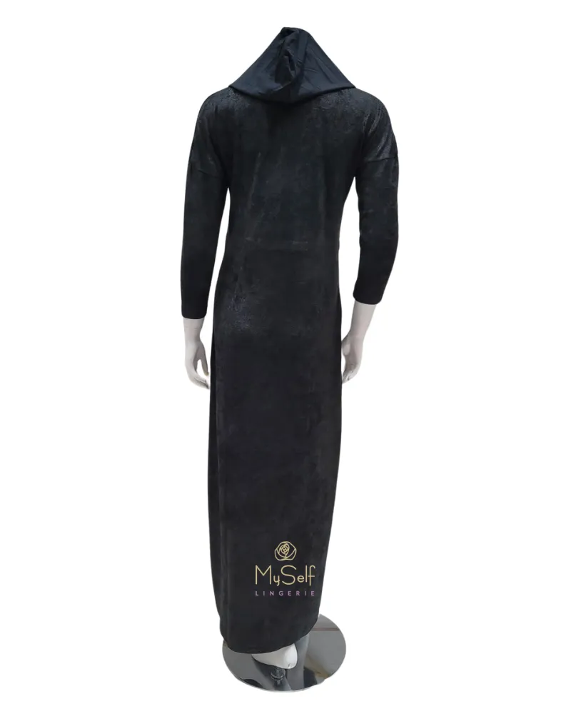 CH8904 Chenille Dolman Black Morning Robe with Hood