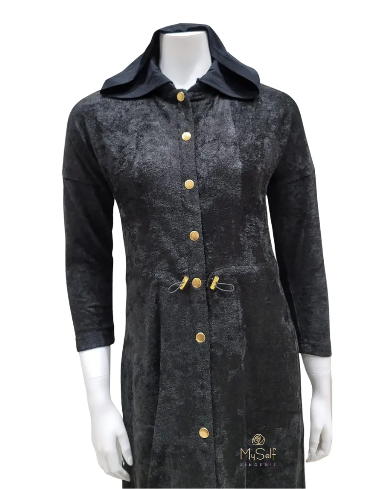CH8904 Chenille Dolman Black Morning Robe with Hood