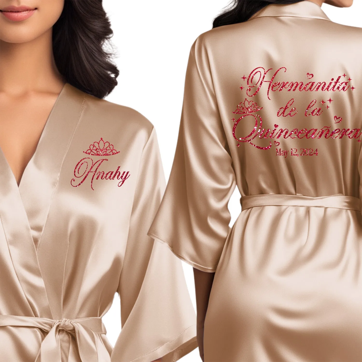 Champagne Gold Mis Quince Años Robes, Pretty Quinceañera Robes, Robes for Mama de Quince | Quinceañera Gift