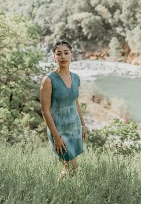 Breeze Flow Earth-Tone Dyed Blue Slinky Dresses