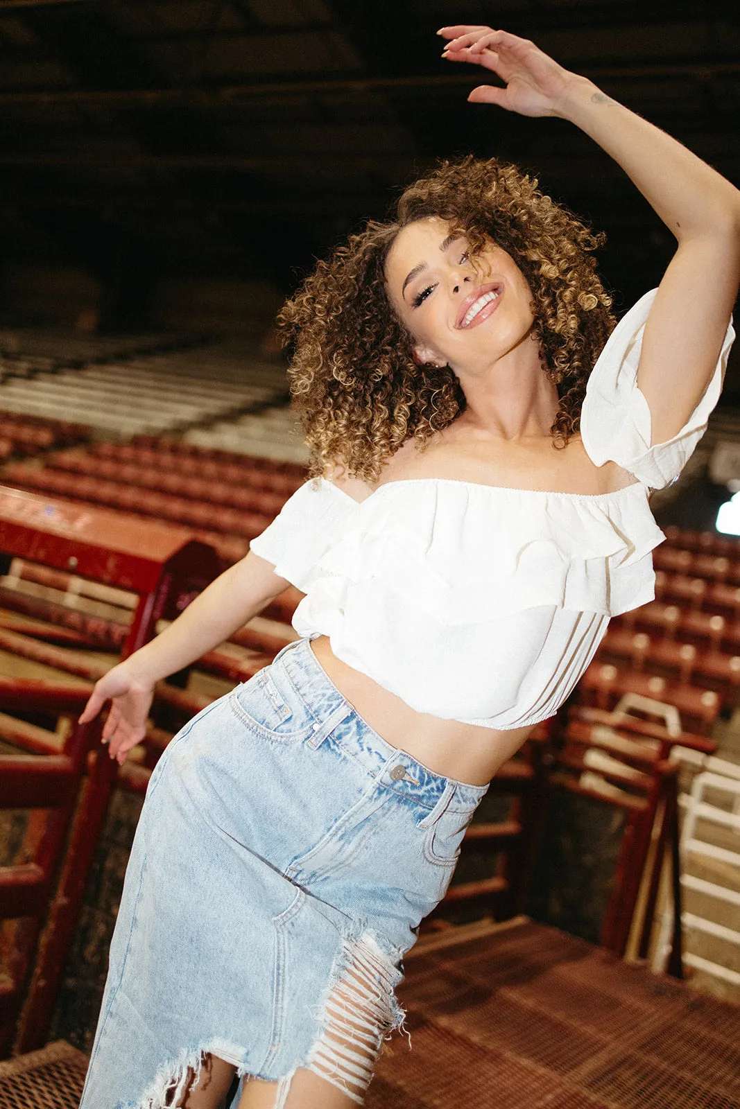 Chaps Off Shoulder Ruffle Top Softened Edges
