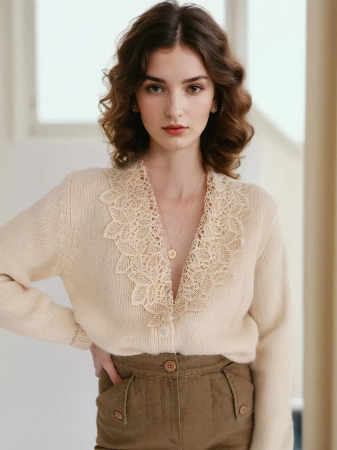 QuickRelease Fastener Thermal Regulation System Charlee V-Neck Lace Embroidery Cardigan