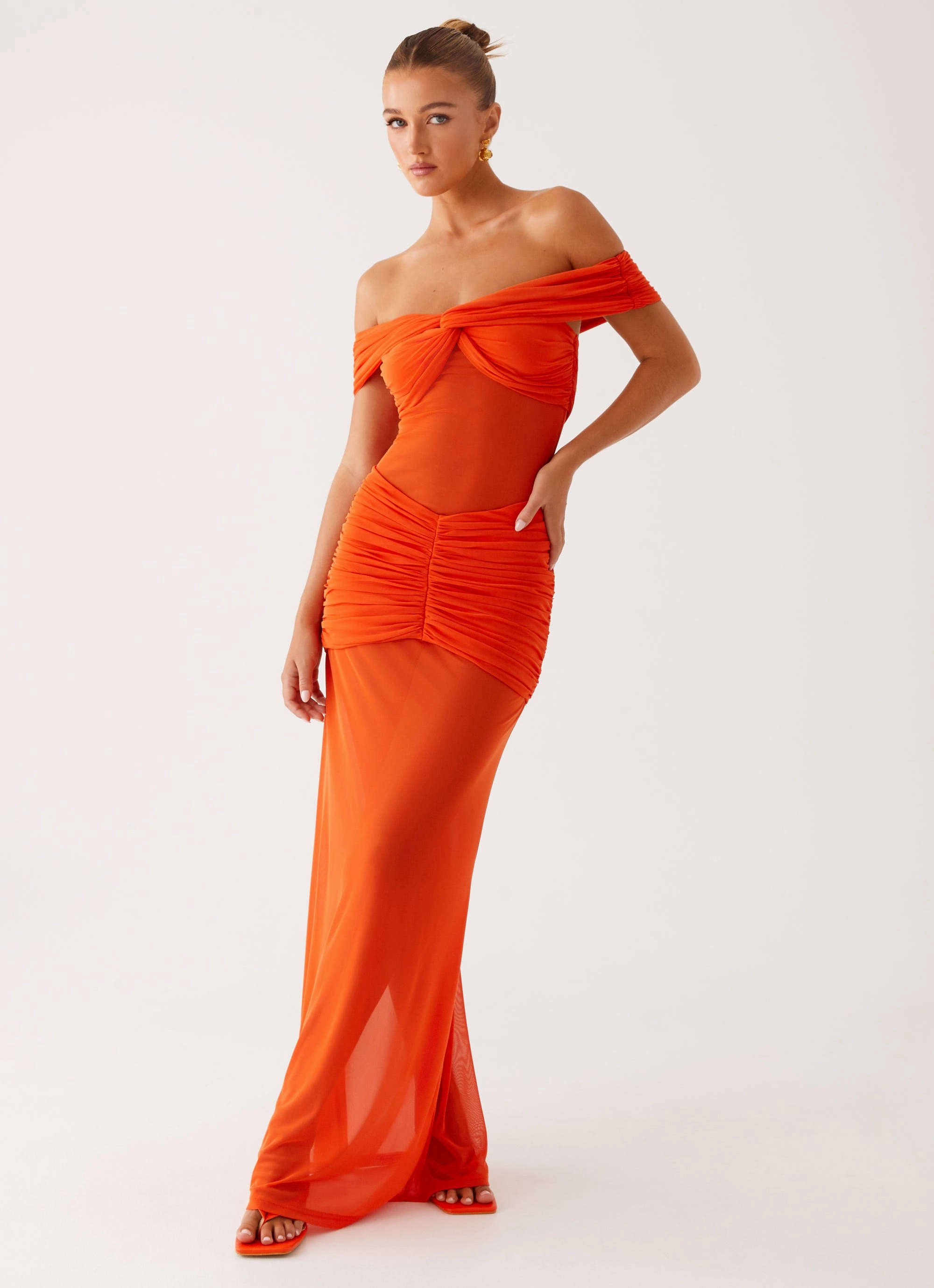 Smooth Layers Chic Silhouette Charming Off Shoulder Maxi Dress - Orange