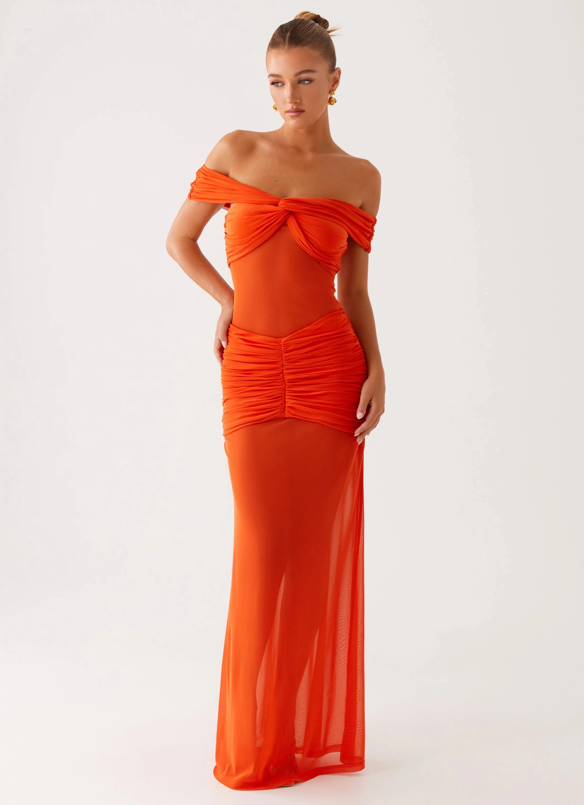 All Gender Fit Trendy Comfort Charming Off Shoulder Maxi Dress - Orange