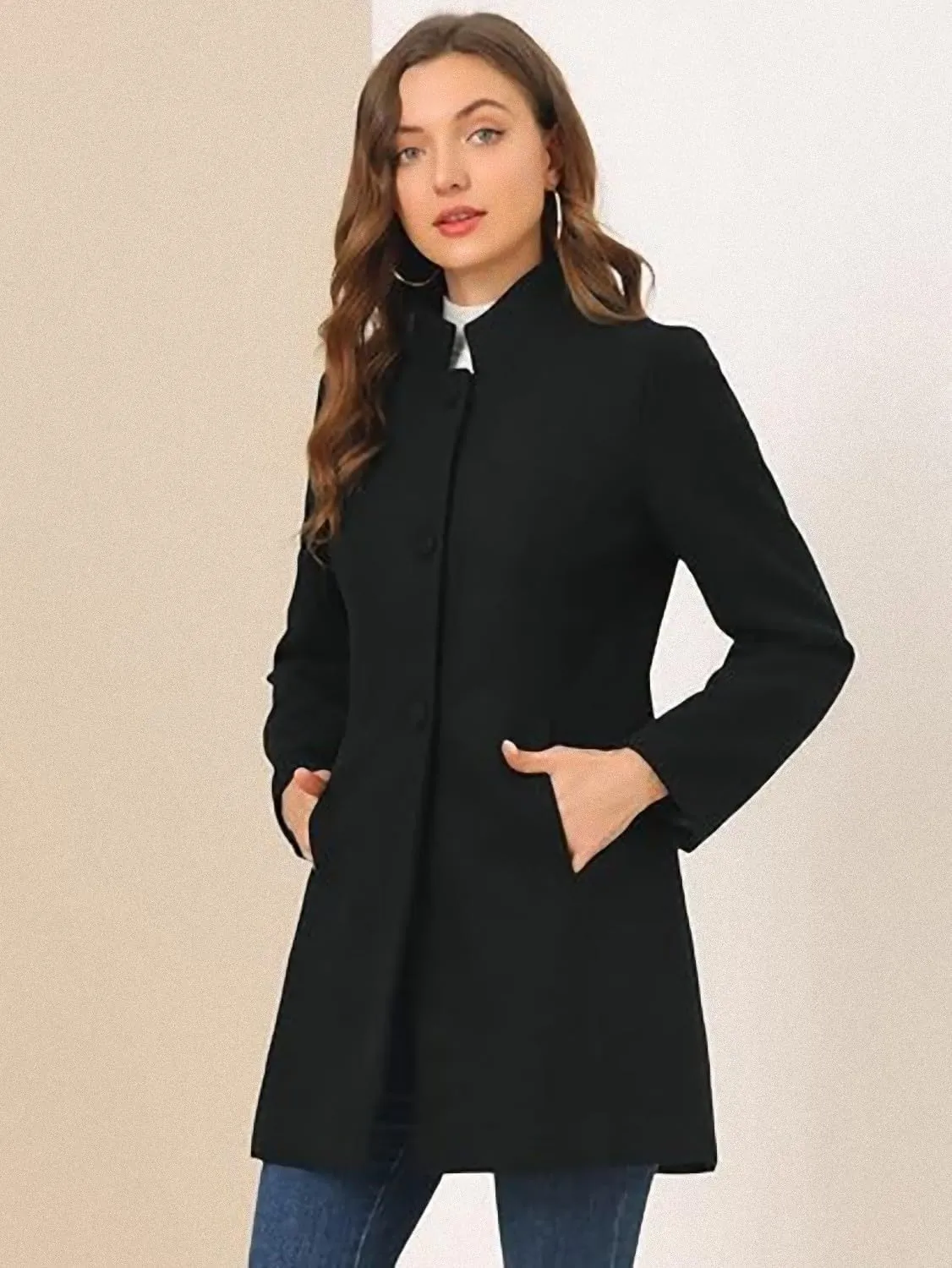 CHARTOU Womens Mid-Long Woolen Pea Coat Stand Collar Single Breasted Wool Blend Jacket Blazer Winter Overcoat with Pockets
