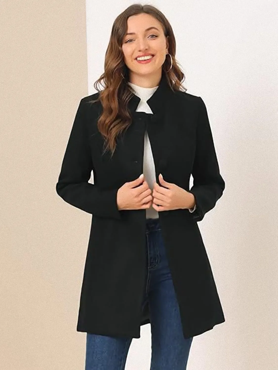 CHARTOU Womens Mid-Long Woolen Pea Coat Stand Collar Single Breasted Wool Blend Jacket Blazer Winter Overcoat with Pockets