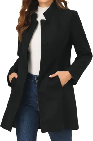 CHARTOU Womens Mid-Long Woolen Pea Coat Stand Collar Single Breasted Wool Blend Jacket Blazer Winter Overcoat with Pockets