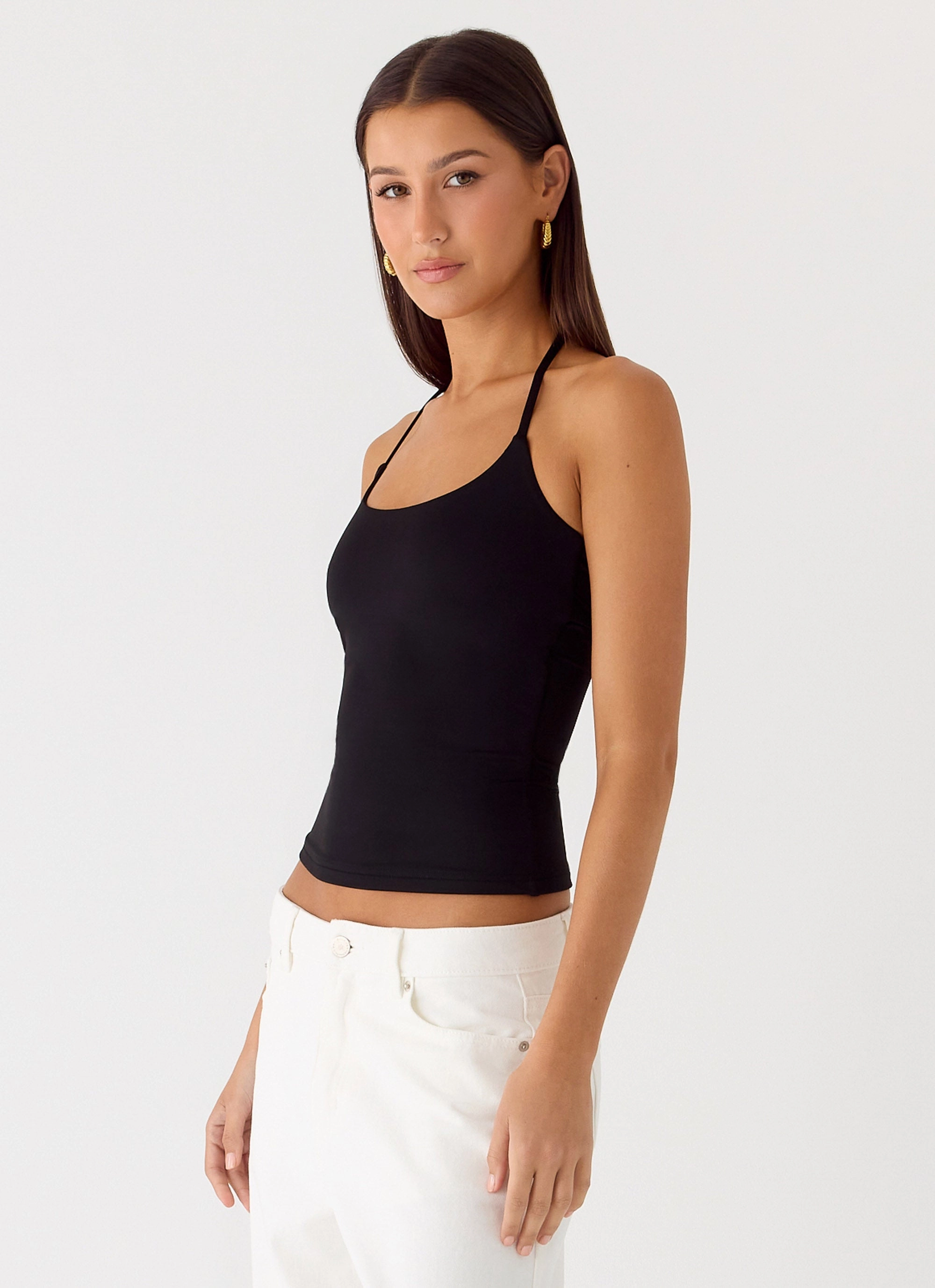Brushed Interior Classic Crewneck Design Chauncey Halter Top - Black