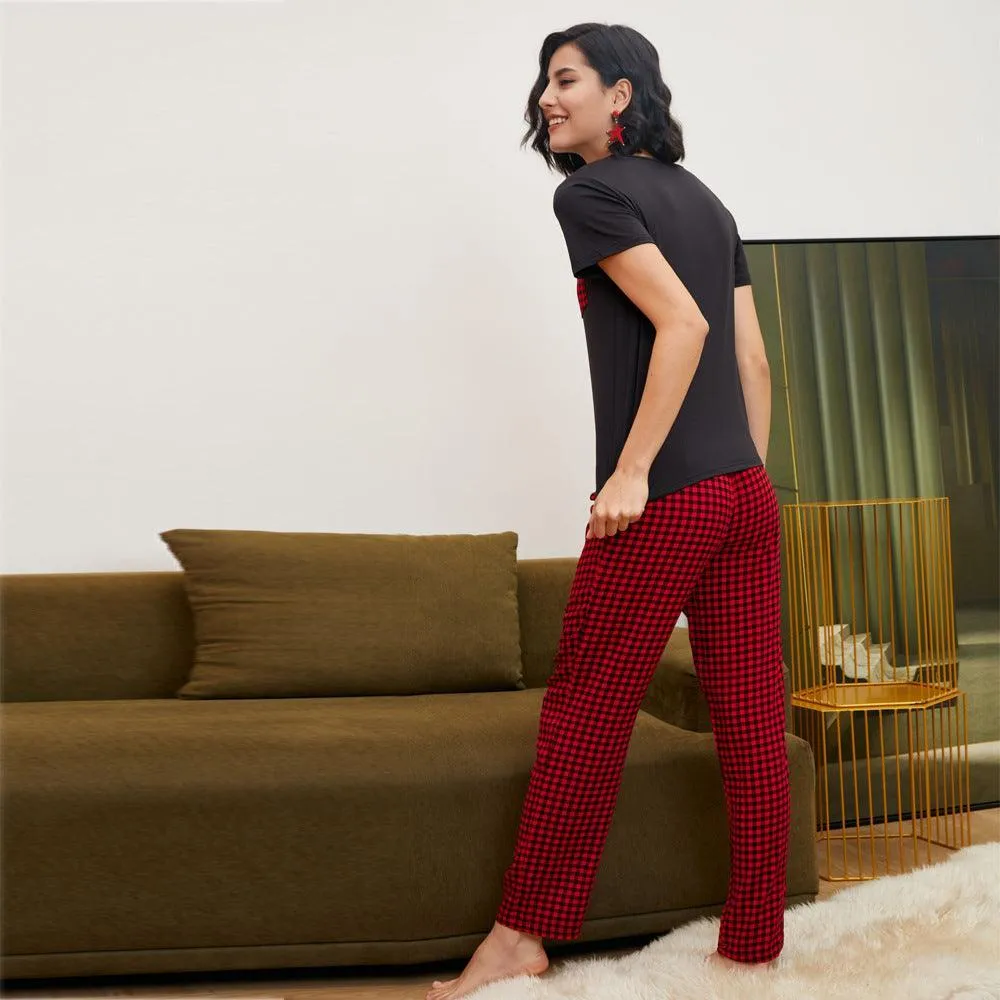 Checkered Short-Sleeve Pajama Set - Casual Summer Homewear