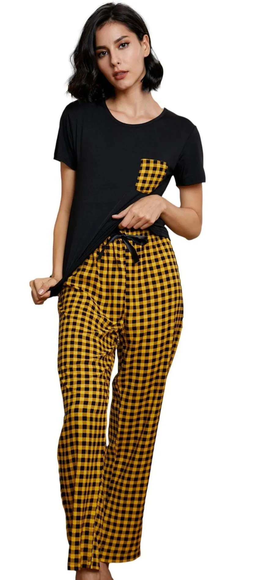 Checkered Short-Sleeve Pajama Set - Casual Summer Homewear