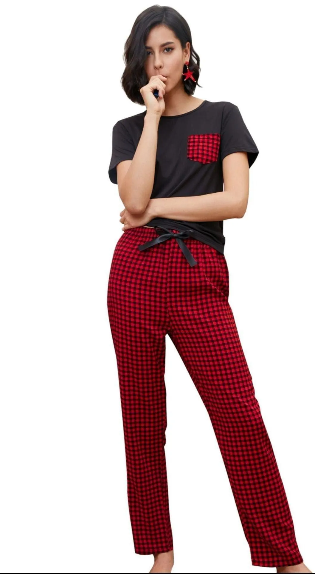 Checkered Short-Sleeve Pajama Set - Casual Summer Homewear