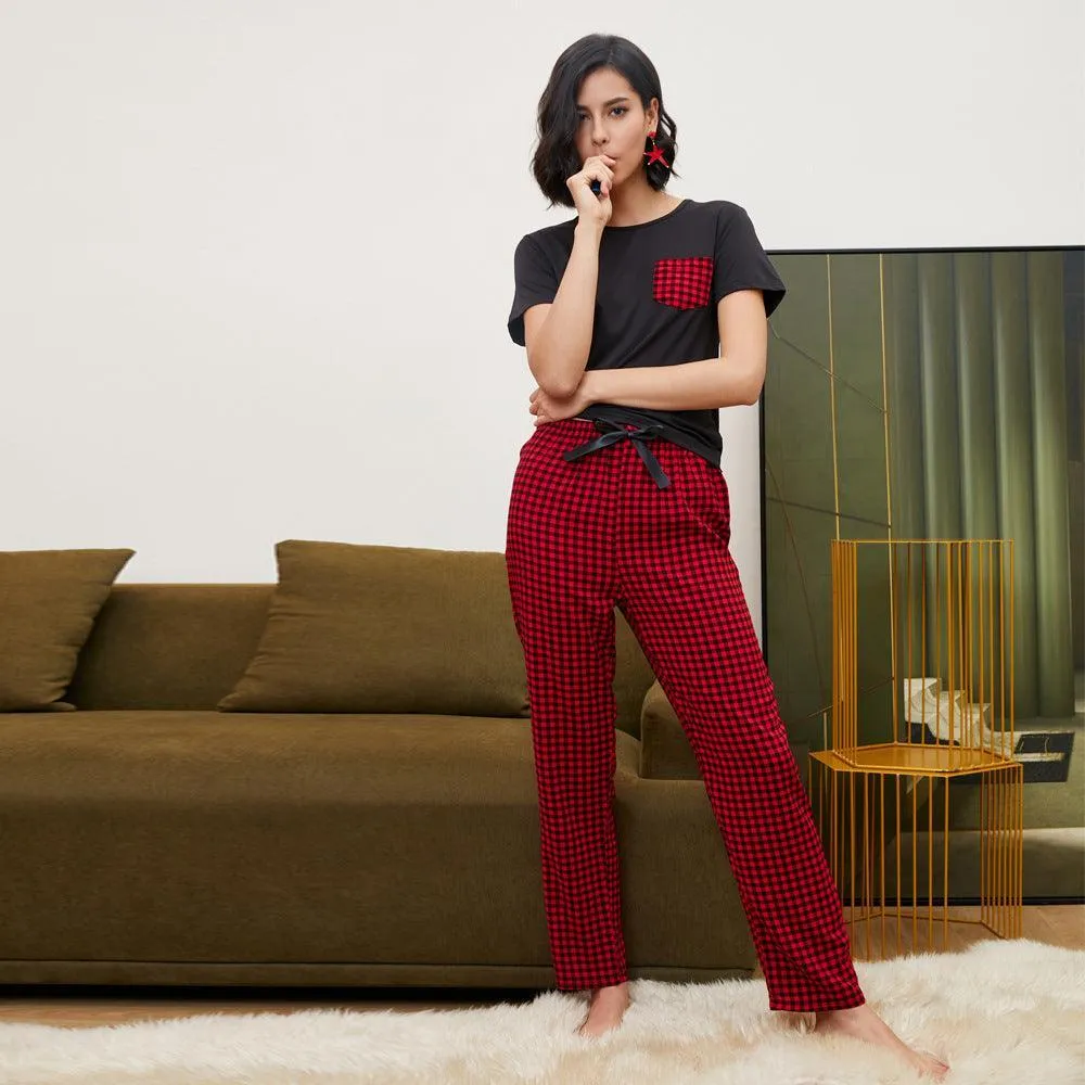 Checkered Short-Sleeve Pajama Set - Casual Summer Homewear