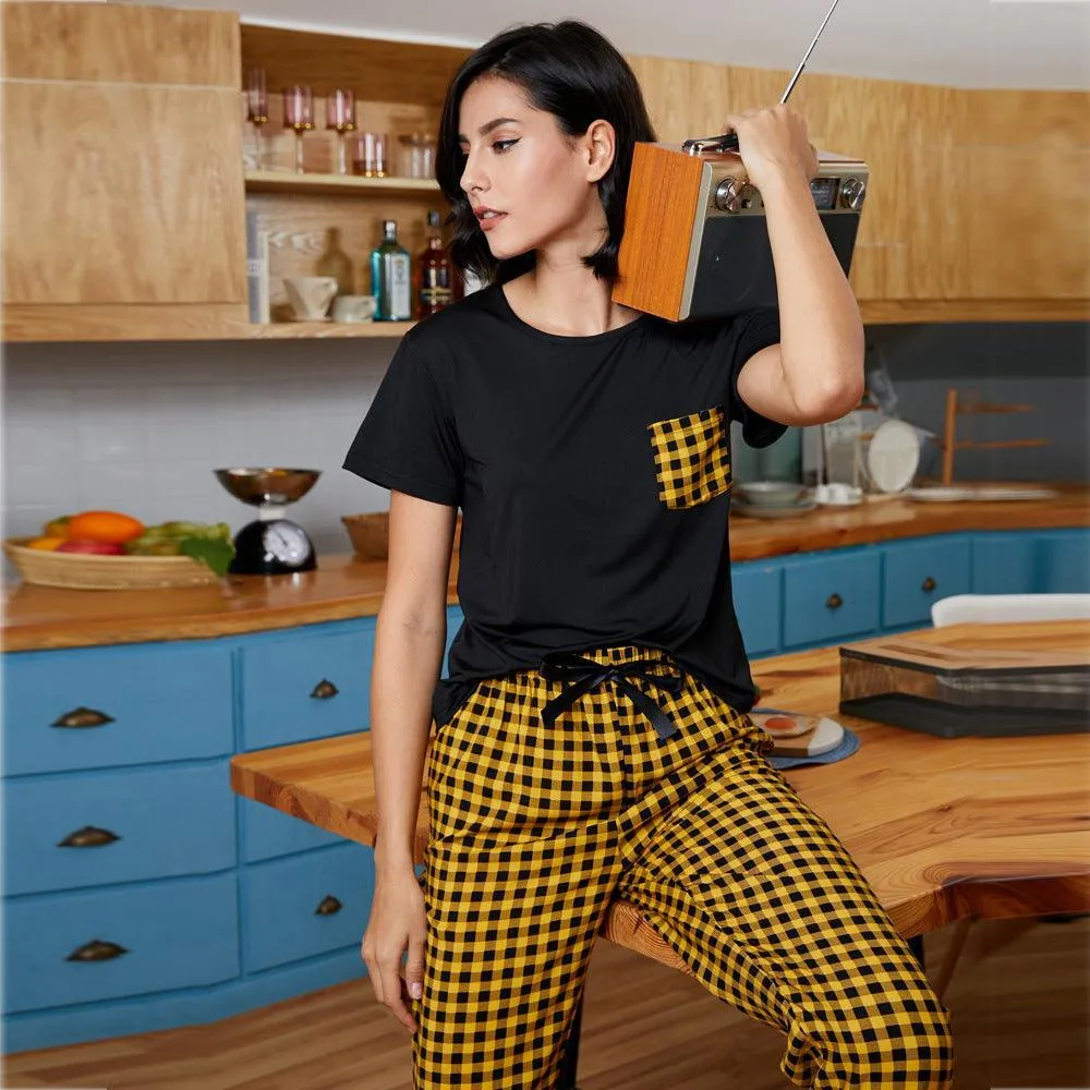 Checkered Short-Sleeve Pajama Set - Casual Summer Homewear