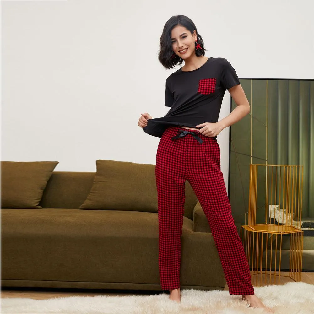 Checkered Short-Sleeve Pajama Set - Casual Summer Homewear