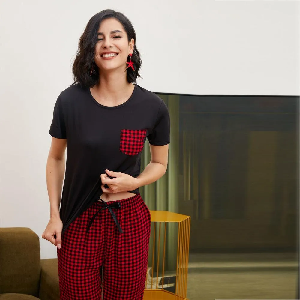Checkered Short-Sleeve Pajama Set - Casual Summer Homewear