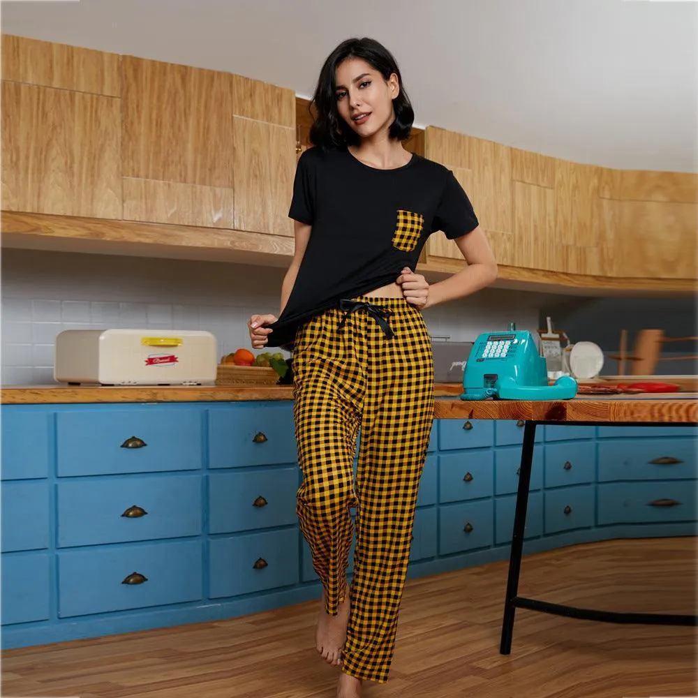 Checkered Short-Sleeve Pajama Set - Casual Summer Homewear
