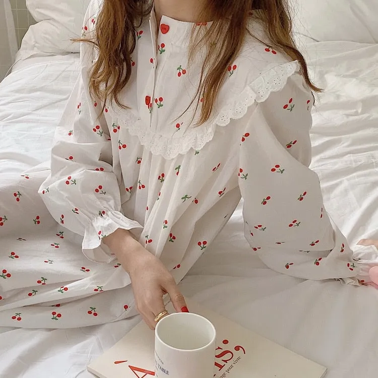 Cherry white cotton Sleepwear Korean Dress