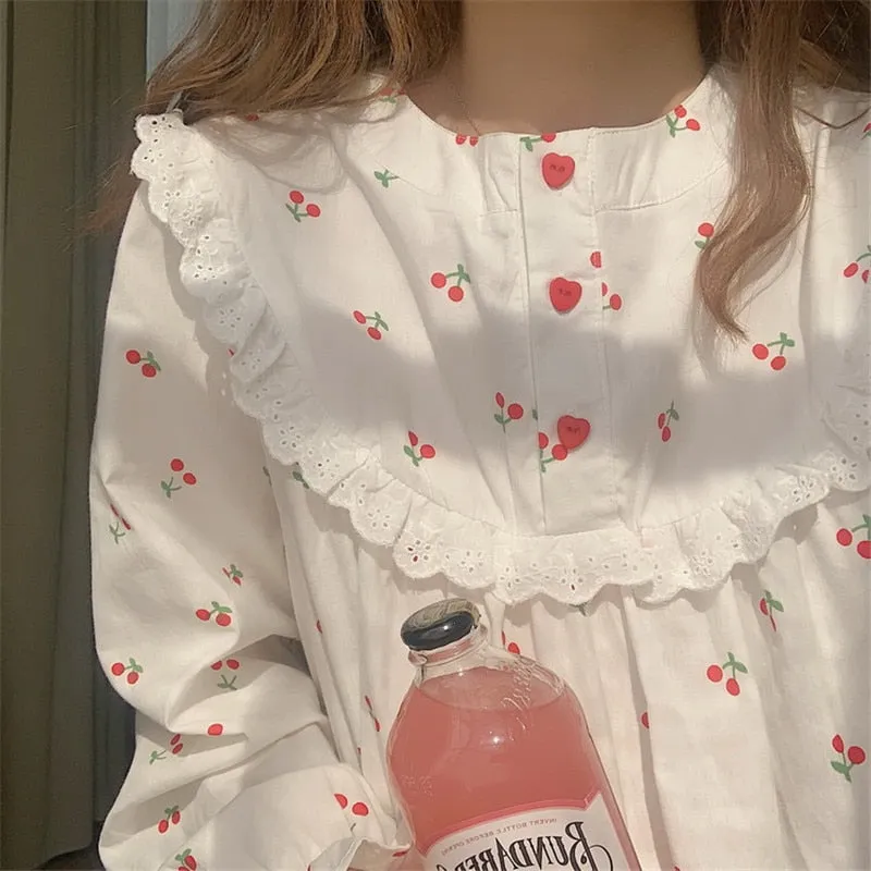 Cherry white cotton Sleepwear Korean Dress