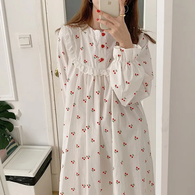Cherry white cotton Sleepwear Korean Dress