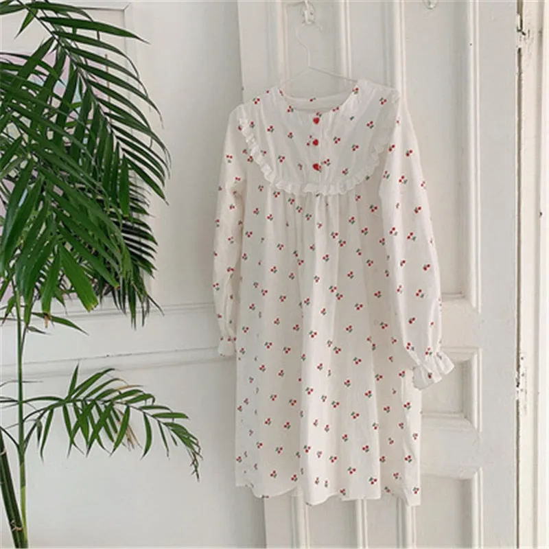 Cherry white cotton Sleepwear Korean Dress