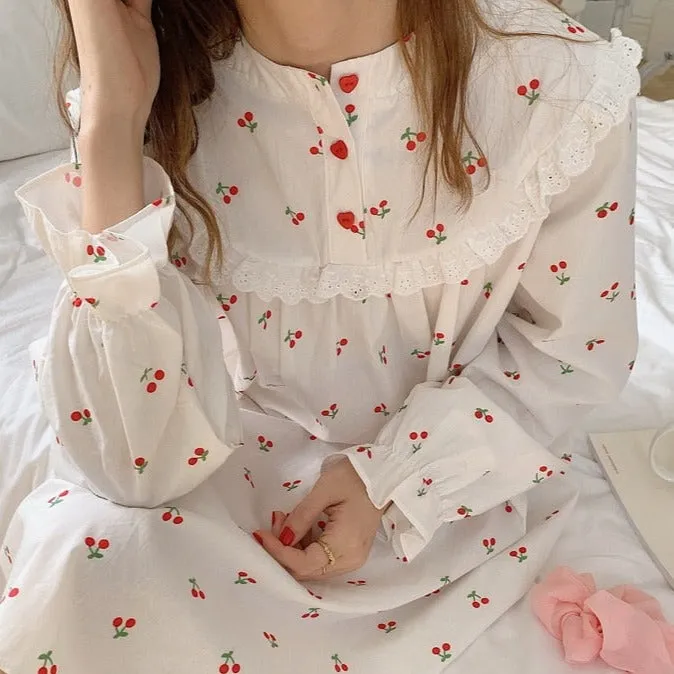 Cherry white cotton Sleepwear Korean Dress