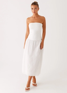 Cherry Skies Midi Dress - White Waist Seam Dinner Outfit