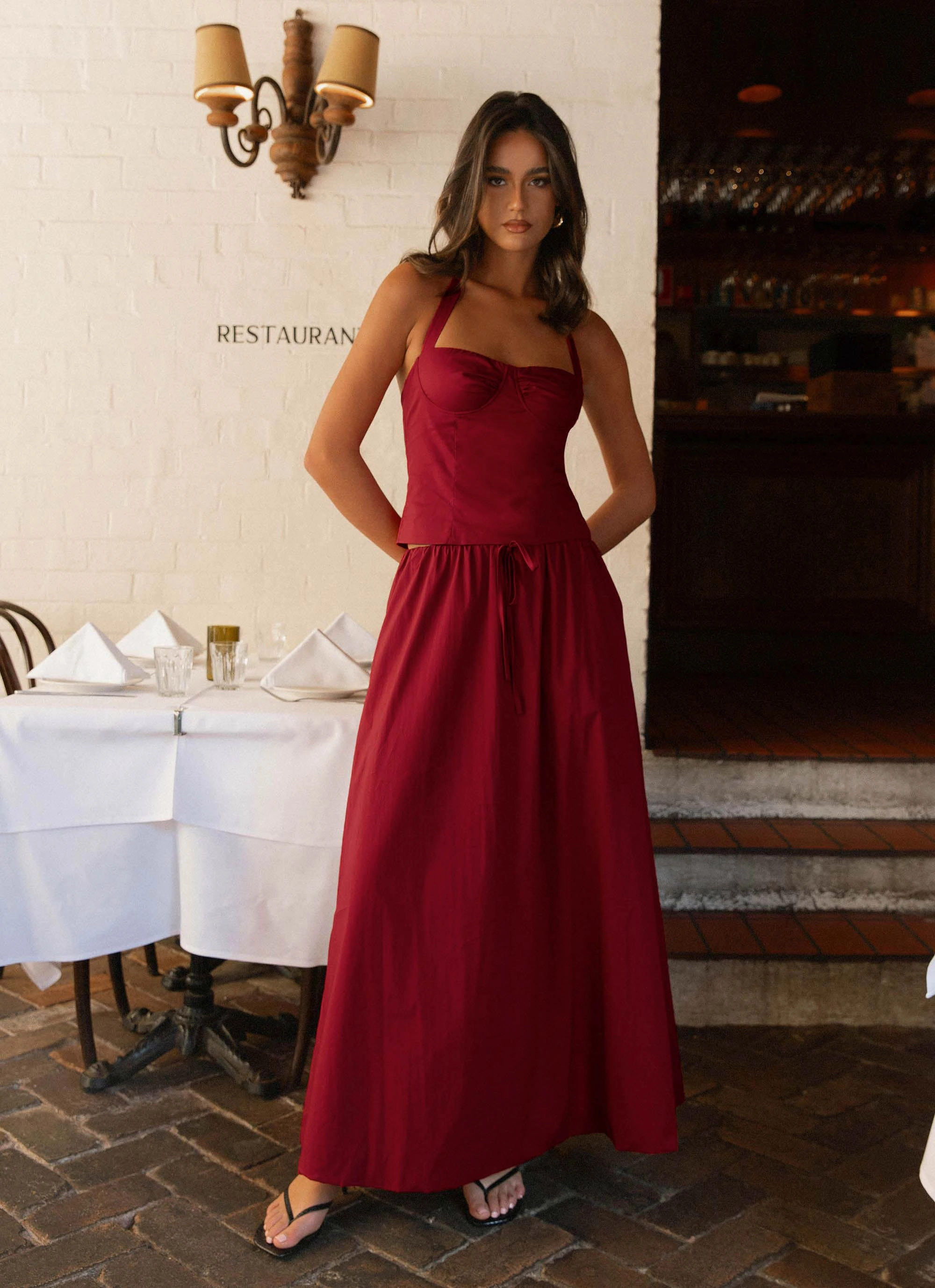 Cheryl Maxi Skirt - Cherry Red Velvet Finish High low hem