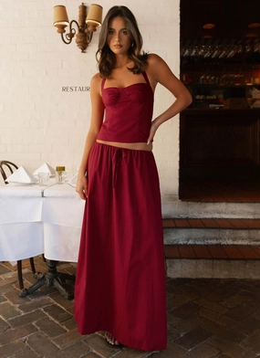 Cheryl Maxi Skirt - Cherry Red Pocket Design Light Mood
