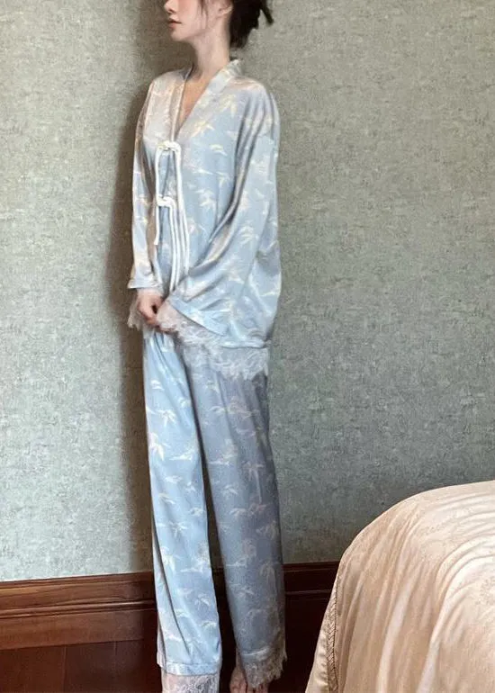Chic Light Blue V Neck Print Button Ice Silk Pajamas Two Pieces Set Long Sleeve TO1004