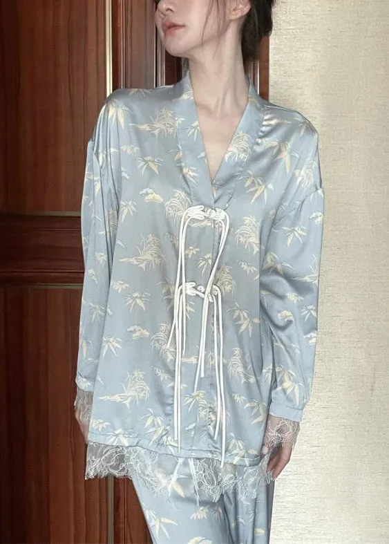 Chic Light Blue V Neck Print Button Ice Silk Pajamas Two Pieces Set Long Sleeve TO1004