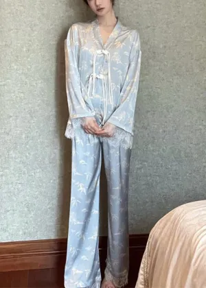 Chic Light Blue V Neck Print Button Ice Silk Pajamas Two Pieces Set Long Sleeve TO1004