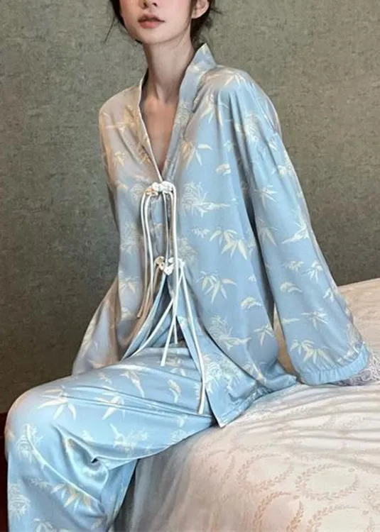 Chic Light Blue V Neck Print Button Ice Silk Pajamas Two Pieces Set Long Sleeve TO1004