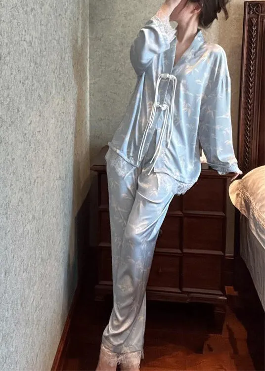 Chic Light Blue V Neck Print Button Ice Silk Pajamas Two Pieces Set Long Sleeve TO1004