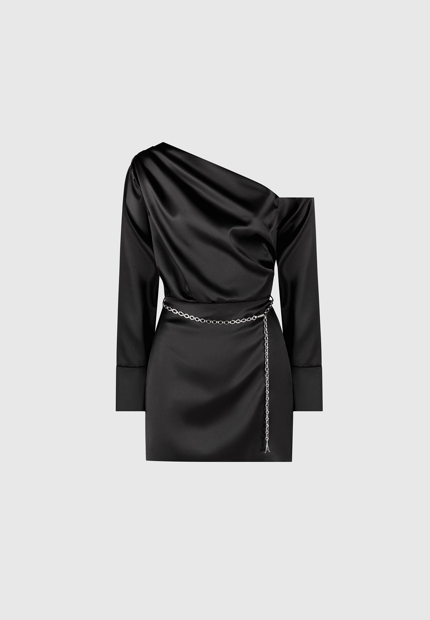 Off Shoulder Draped Satin Mini Dress with Belt - Black Subtle tone Back-Pocket