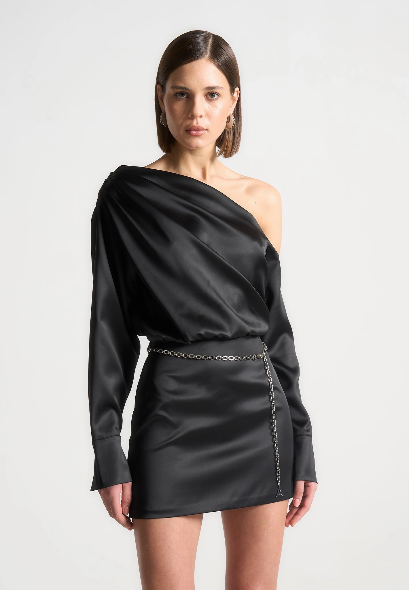 Asymmetric-Neck Off Shoulder Draped Satin Mini Dress with Belt - Black