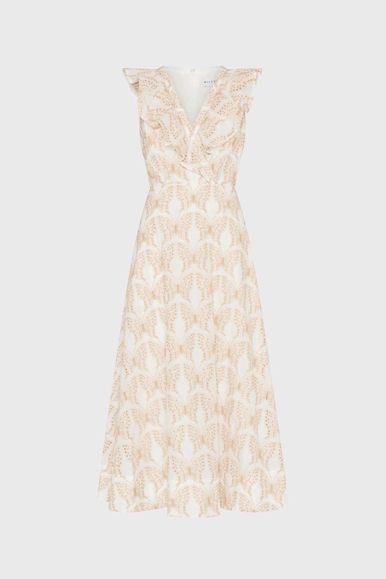 Butterfly Eyelet Ruffle Midi Dress Embroidered-Detail Comfy Fit