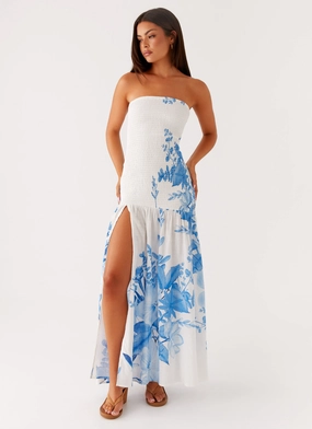 Rebecca Maxi Dress - Blue Floral Print Front-Zip