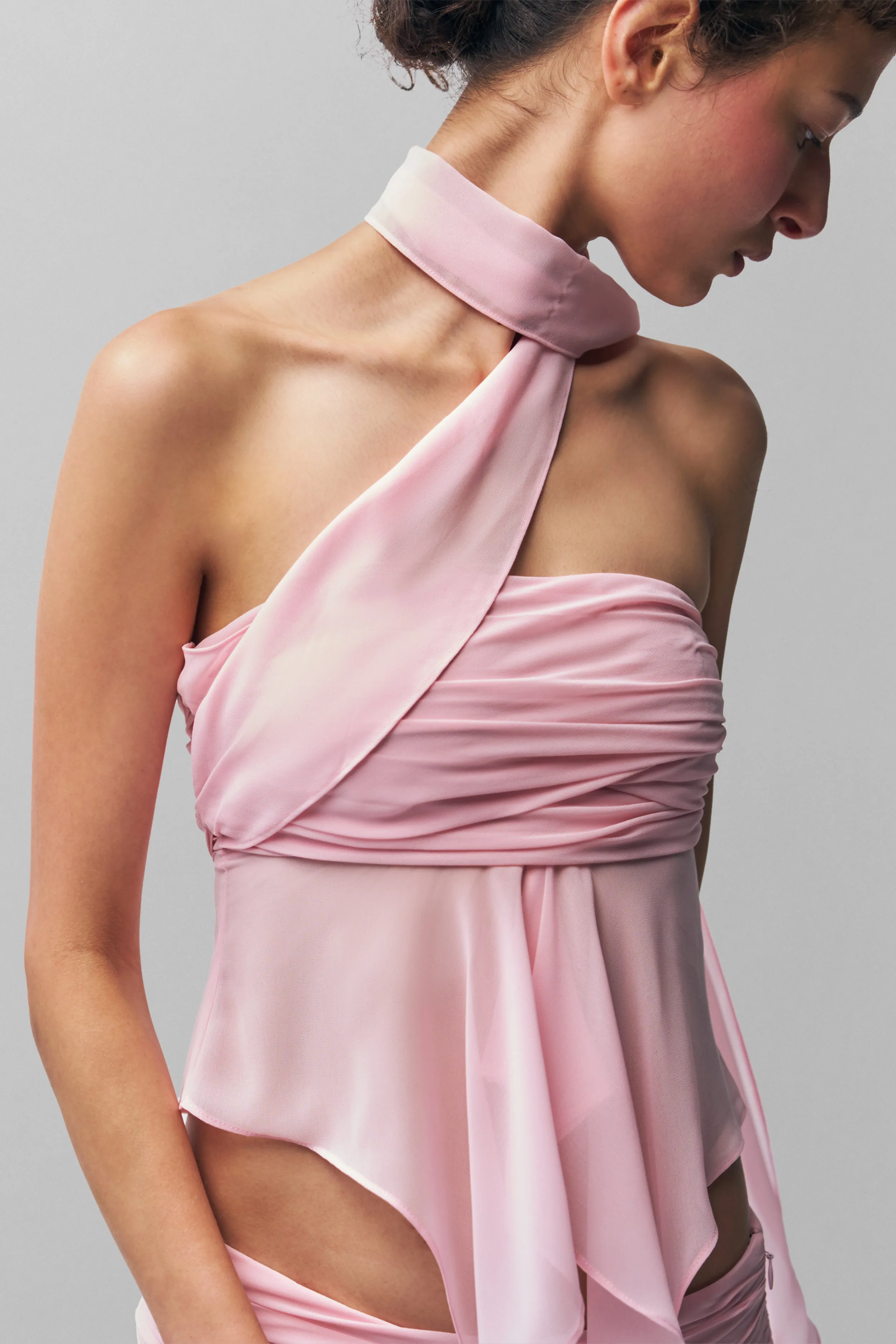 Flexible Ribbing Chiffon Wrap Around Top