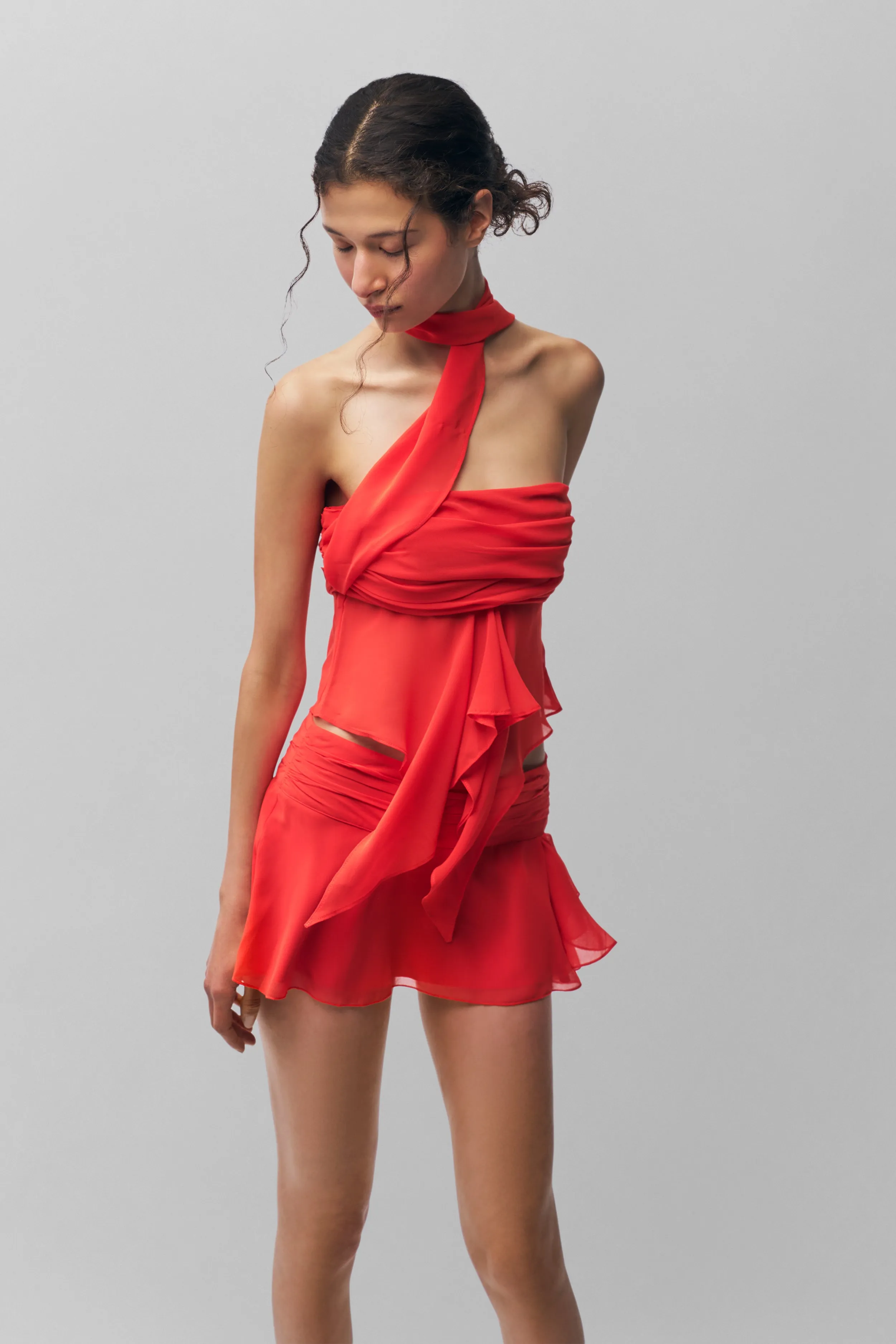 FlexibleNeckline ElasticEdgeBinding Chiffon Wrap Around Top