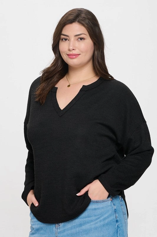 Chill Knit Sweater Top-Black Elastic Edging