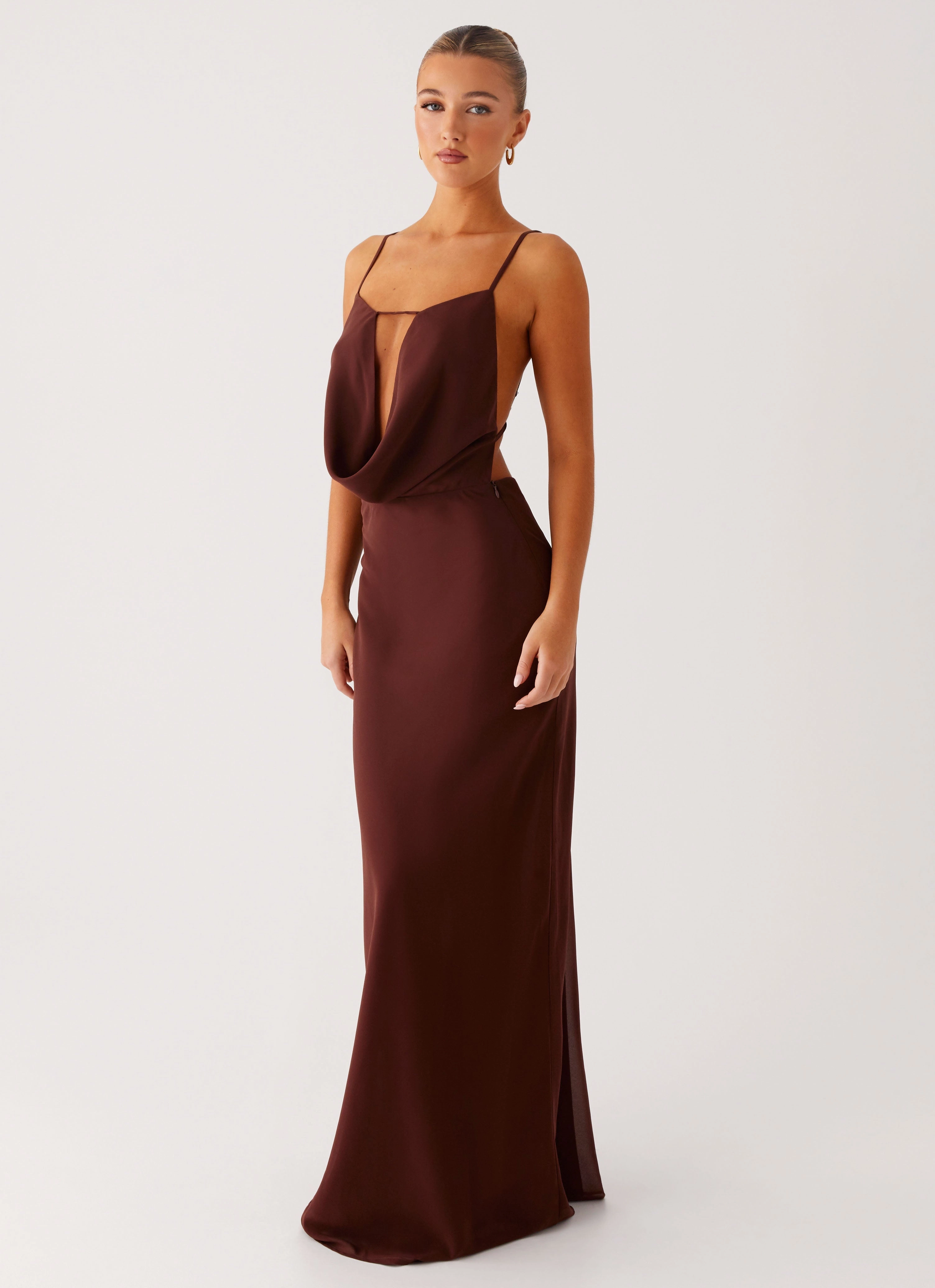 Chilly Day Comfort Elation Cowl Neck Maxi Dress - Chocolate